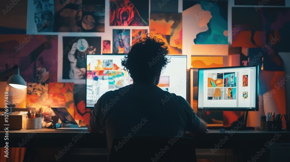 Poster a graphic designer works on creating an eye-catching advertisement for a new product, blending dynam