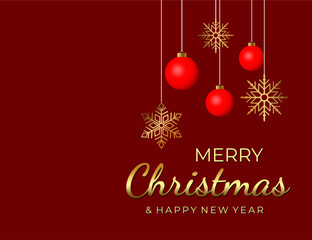 Burgundy Christmas banner with red balls and golden flakes, in the shape of a tree