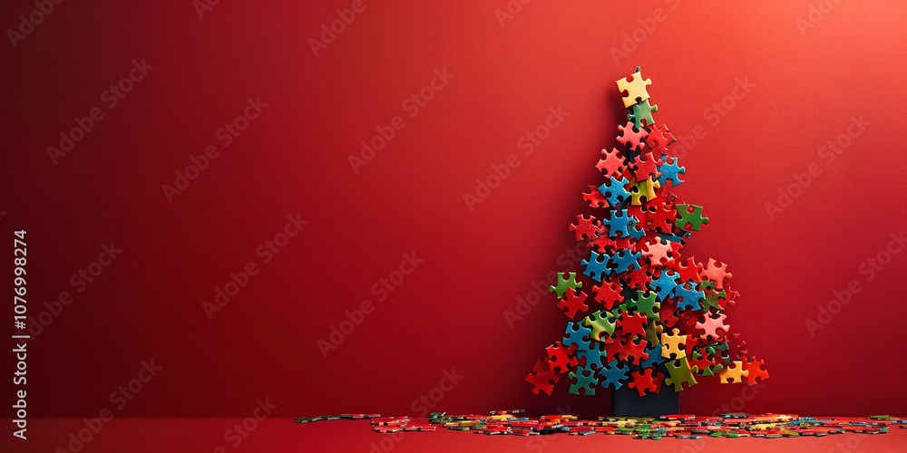 Poster a christmas tree constructed out of jigsaw pieces with a red coloration seen from above and up close