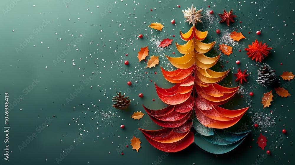 Poster a detailed view of featuring a large content area for writing a colorful paper christmas tree with b