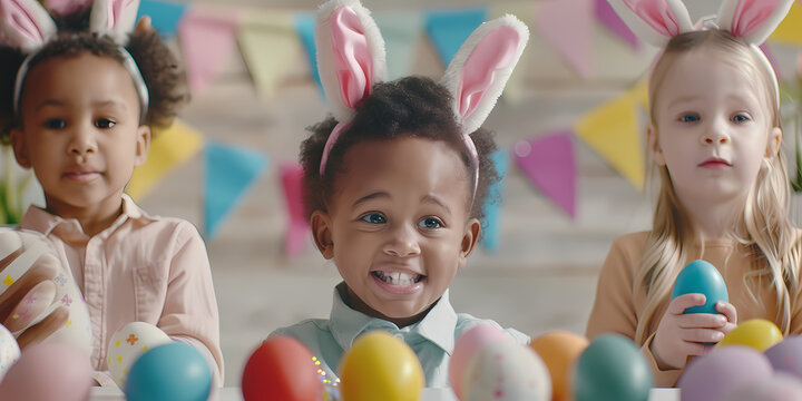 Three kids with bunny ears holding Easter eggs - Powered by Adobe