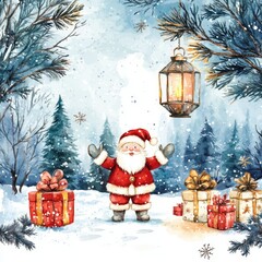 Naklejka premium Enchanting Christmas Wonderland. Watercolor Clipart with Santa, Gifts, and Magical Lantern