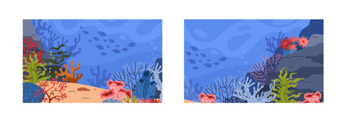 Collection of vector illustrations with coral reefs, sand and silhouettes of fish on the background