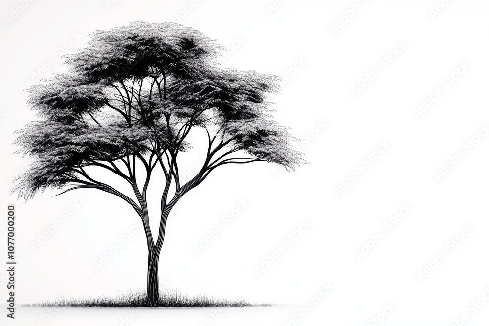 Poster minimalist line drawing of a tree with simple, clean lines, capturing the essence of nature on a whi