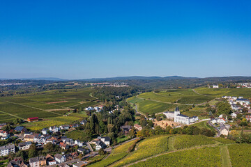 Bird's eye view of the former Johannisberg monastery in the Rheingau in autumn