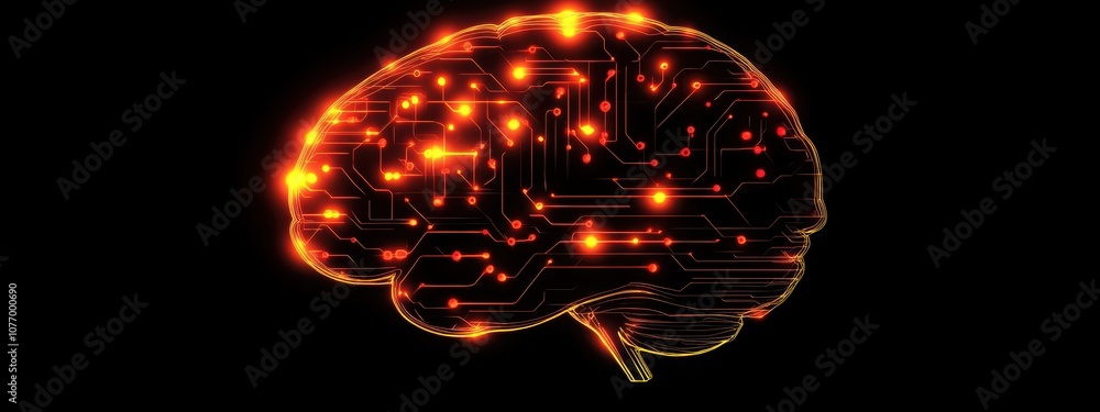 Poster futuristic brain design, a glowing circuit integrated brain featuring bio-inspired patterns, symboli