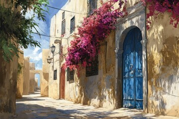 Fototapeta premium Hand Drawn Watercolor Bougainvillea Flower in Traditional Mediterranean Architecture Setting