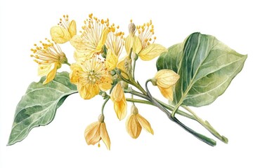 Hand Drawn Watercolor Linden Blossom. Botanical Illustration of Fresh Blooming Flower and Leaves