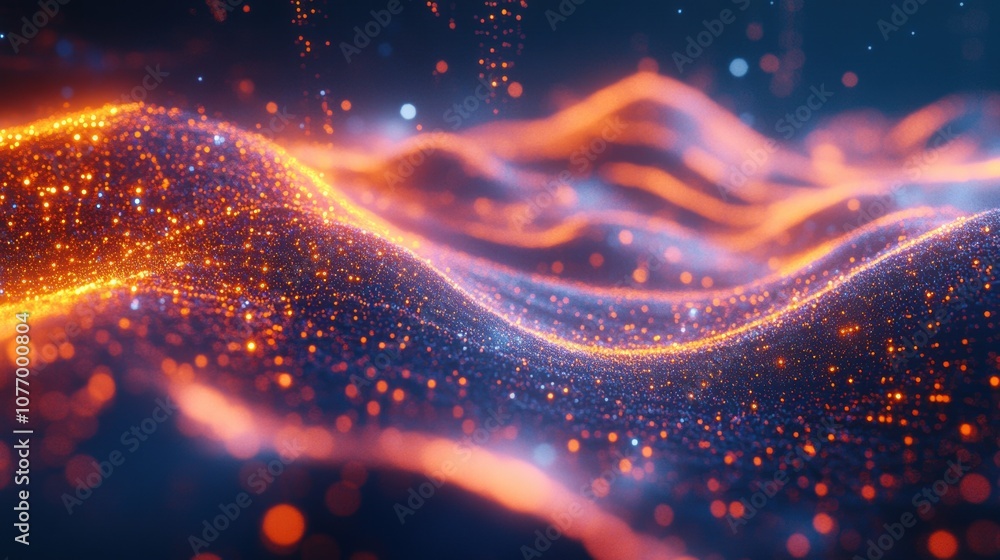Poster digital wave of data, a vibrant flow of luminous particles in a high-tech landscape symbolizing seam