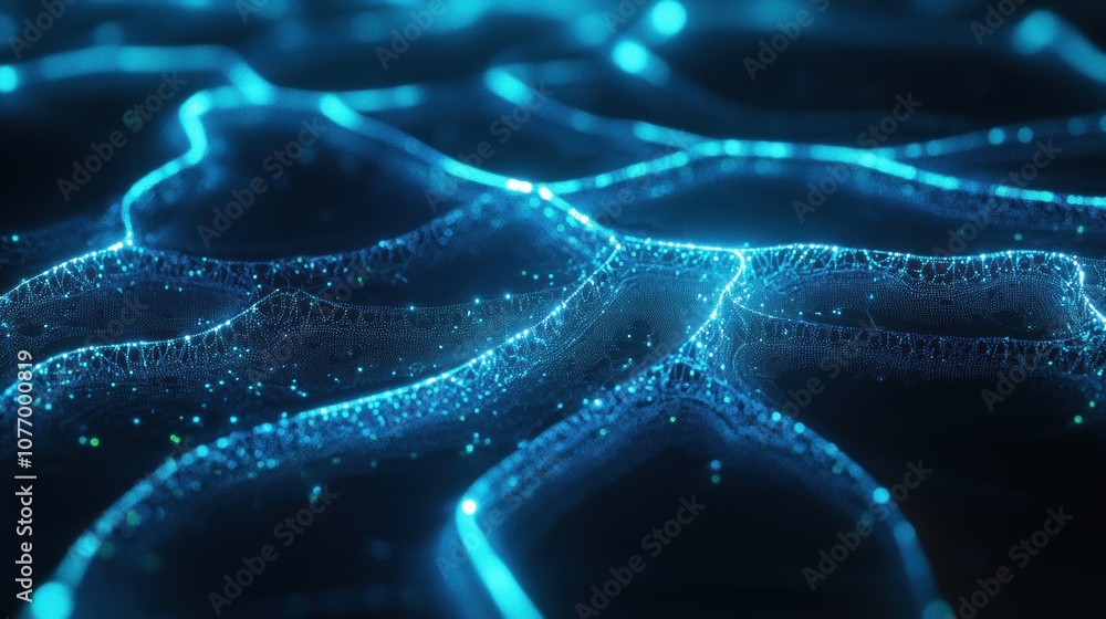Poster illuminated digital network map, intricately linked data nodes, seamless flowing lines, vibrant tech