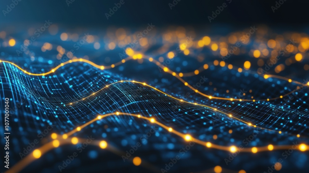 Poster futuristic data visualization, intricate digital backdrop featuring vibrant glowing lines and comple