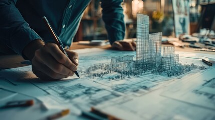 A modern architect sketches plans for a high-rise building with unique angles, glass facades, and a solar-powered energy system