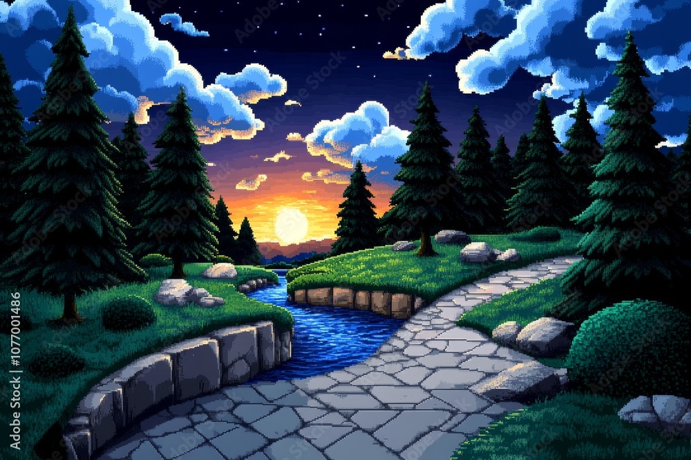 Aufkleber pixel art of a nature scene with a small river, trees, and a sunset in retro 8-bit style