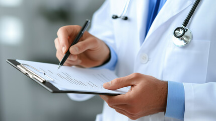 Healthcare professional reviewing patient information with clipboard
