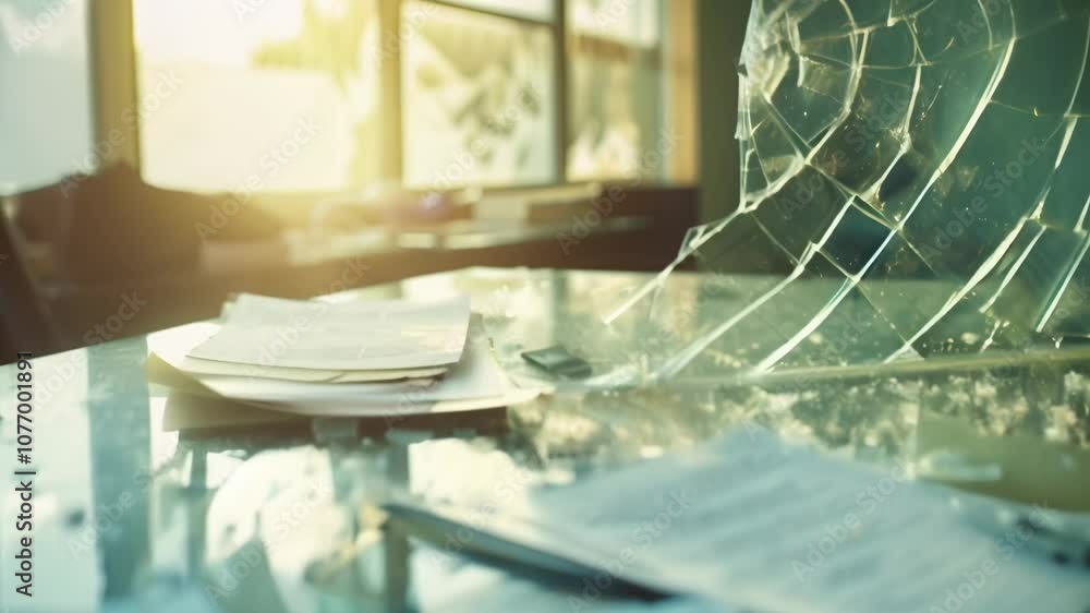 Poster sunlight streams into an office through a broken window, illuminating shattered glass scattered acro