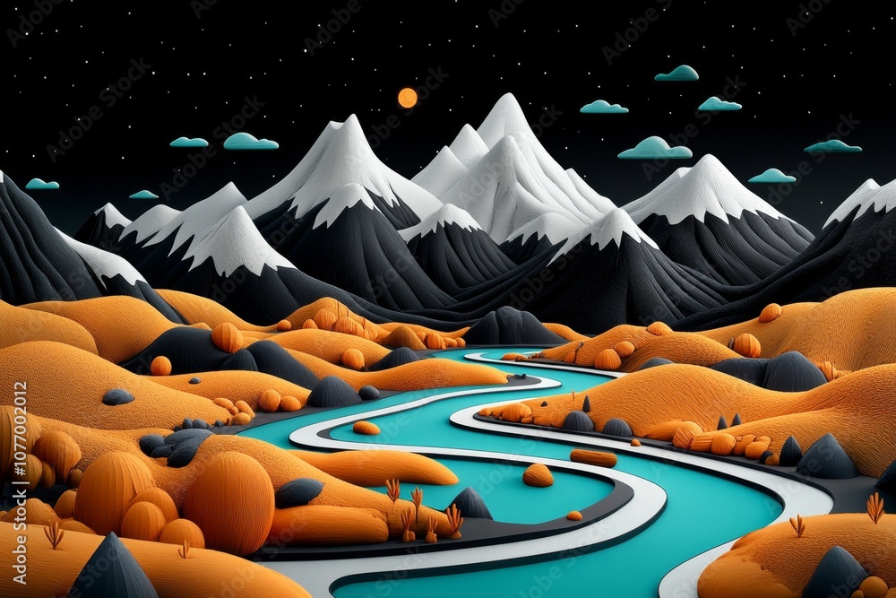 Poster retro-style illustration of a mountain landscape with bold, muted colors and simple shapes