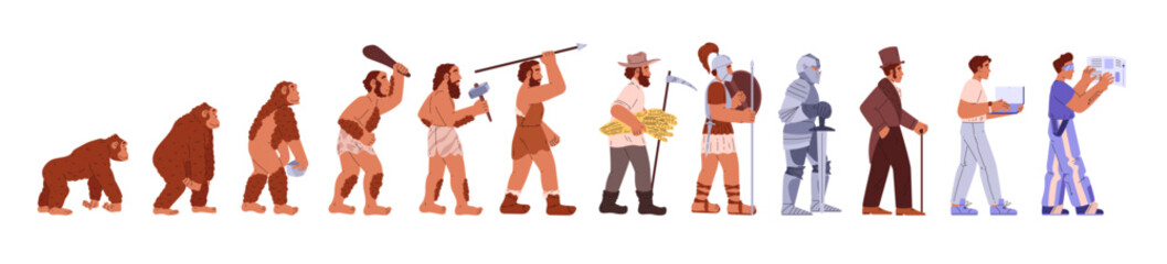 Human evolution vector infographics, monkey, primitive caveman, stone ages male, ancient caveman, medieval, future man