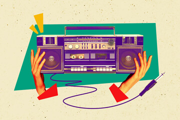 Composite photo collage of hands hold retro boombox device retro music entertainment playlist aux...
