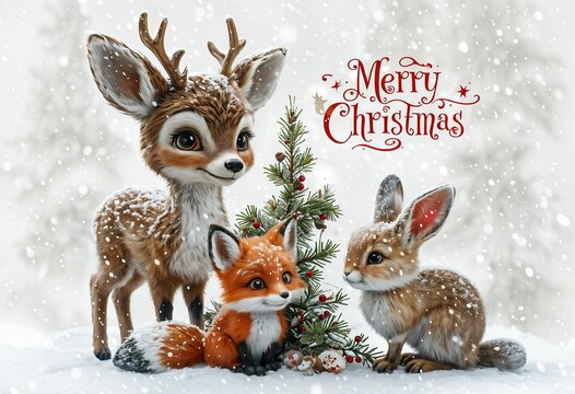 Charming Christmas Scene with Cute Deer, Fox, and Bunny in Snowy Forest Setting