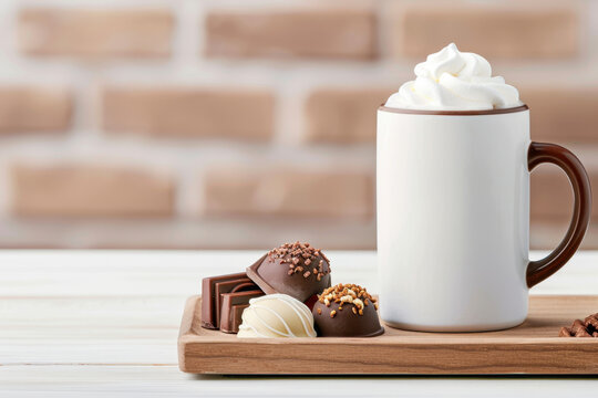 National Chocolate Candy Day.  A cozy setup featuring a mug of hot chocolate with whipped cream, accompanied by various chocolate treats on a wooden tray. Perfect for winter relaxation.
