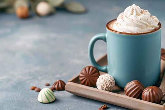 National Chocolate Candy Day. A beautiful arrangement of a blue mug with hot chocolate topped with whipped cream, surrounded by assorted chocolates. Ideal for holiday warmth