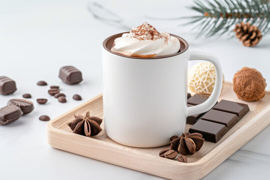 National Chocolate Candy Day. A festive display with a white mug of hot chocolate topped with whipped cream, surrounded by holiday-themed chocolates, anise - Powered by Adobe