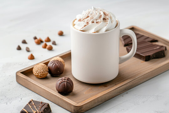 National Chocolate Candy Day.  A white mug of hot chocolate with whipped cream on a wooden tray, accompanied by various chocolates, creating a warm and inviting scene perfect for winter.
