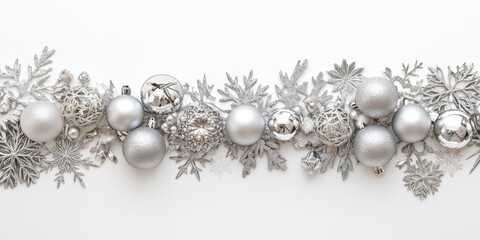 A beautifully crafted wreath features shimmering silver ornaments and natural pinecones, surrounded by lush evergreen foliage, capturing the essence of the winter holidays.