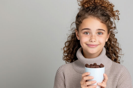 National Chocolate Candy Day. A young girl with curly hair and freckles, wearing a cozy sweater, smiles while holding a cup of chocolate treats. The neutral background adds a simple - Powered by Adobe