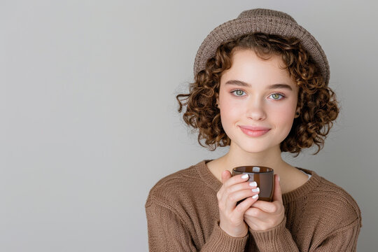 National Chocolate Candy Day. A young woman with short, curly hair in a knit sweater and beanie holds a cup of hot cocoa. Her gentle smile and cozy attire create a warm. - Powered by Adobe