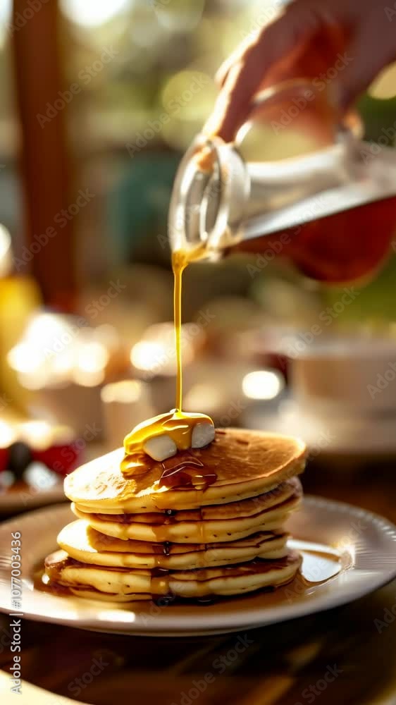 Aufkleber Chef is pouring maple syrup from a glass jug onto a stack of delicious pancakes topped with a pat of butter, creating a tempting breakfast scene