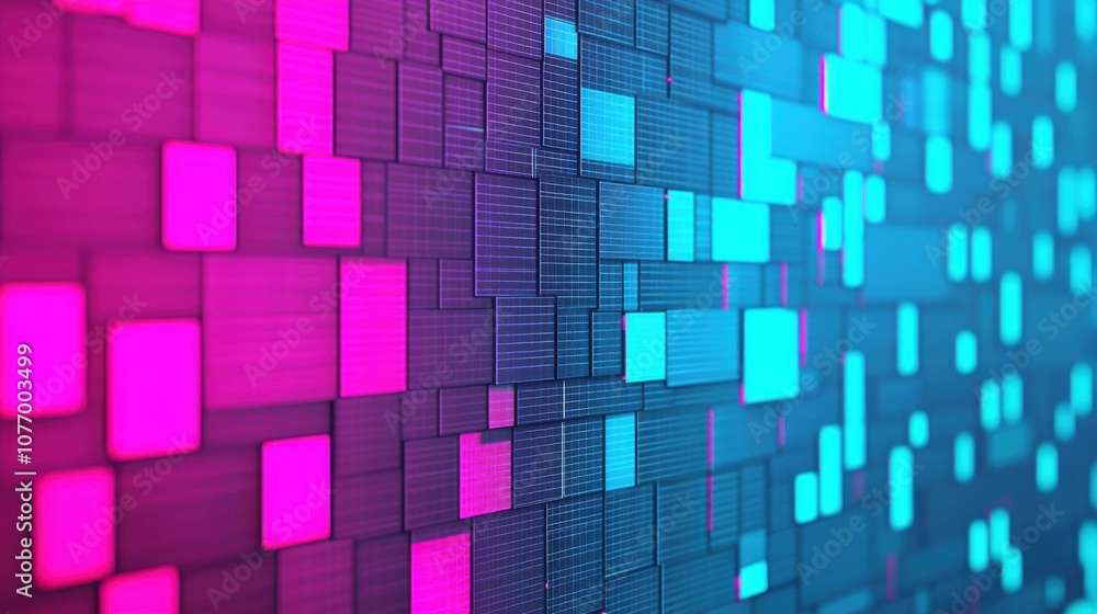 Poster abstract digital pattern featuring vibrant pink and blue rectangles, creating a visually striking, t
