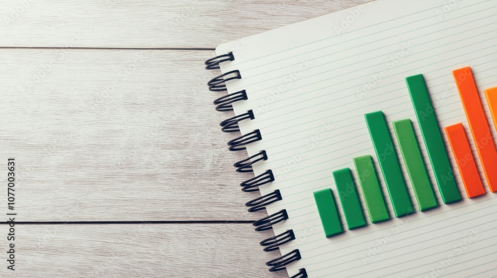 Poster a colorful bar graph is displayed on a spiral notebook against a wooden background, suggesting analy