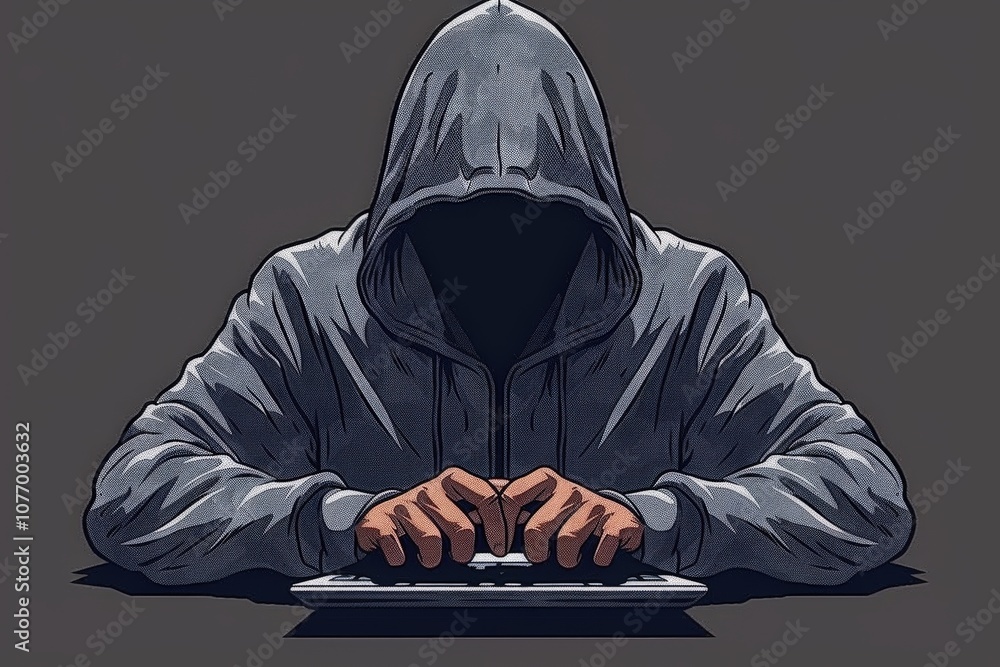 Poster a hooded figure types on a keyboard, symbolizing anonymity and the world of hacking or cybercrime.