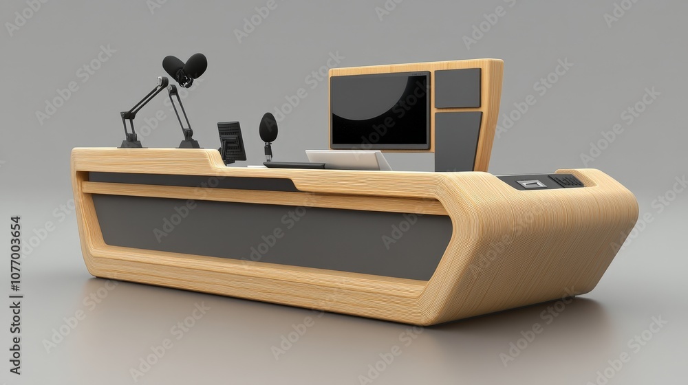 Poster a desk is designed with built-in features like microphones, screens, and storage for scripts.