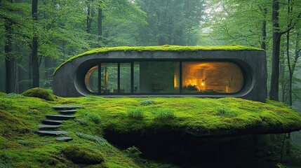 Fototapeta premium A moss-covered roof showcases an eco-friendly building design that blends with the natural environment