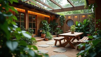 Fototapeta premium Tranquil backyard garden with seating, lush greenery, and stepping stones leading to a cozy nook. Generative, AI.