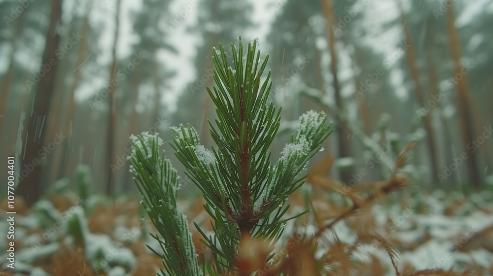 Poster Close-Up of Snow-Dusted Pine in a Winter Forest..