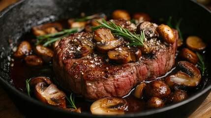 Beef steak with porcini mushrooms and rosemary on a iron pan 