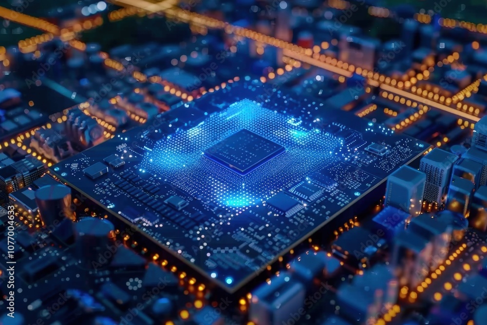 Poster a detailed view of a blue-lit microchip surrounded by a complex circuit board, showcasing advanced t