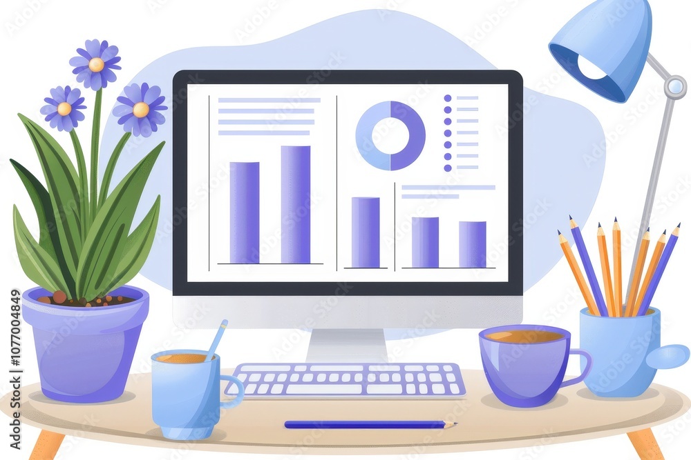 Poster a modern workspace featuring a computer with graphs, vibrant plants, and stationery, creating a prod