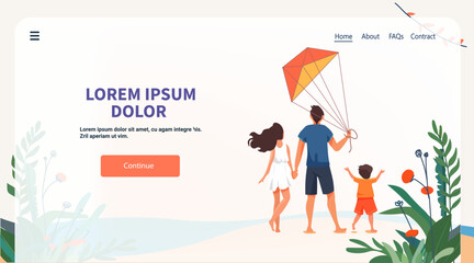 Family flying kite beach scene family holding hands child playing colorful kite plants background website template