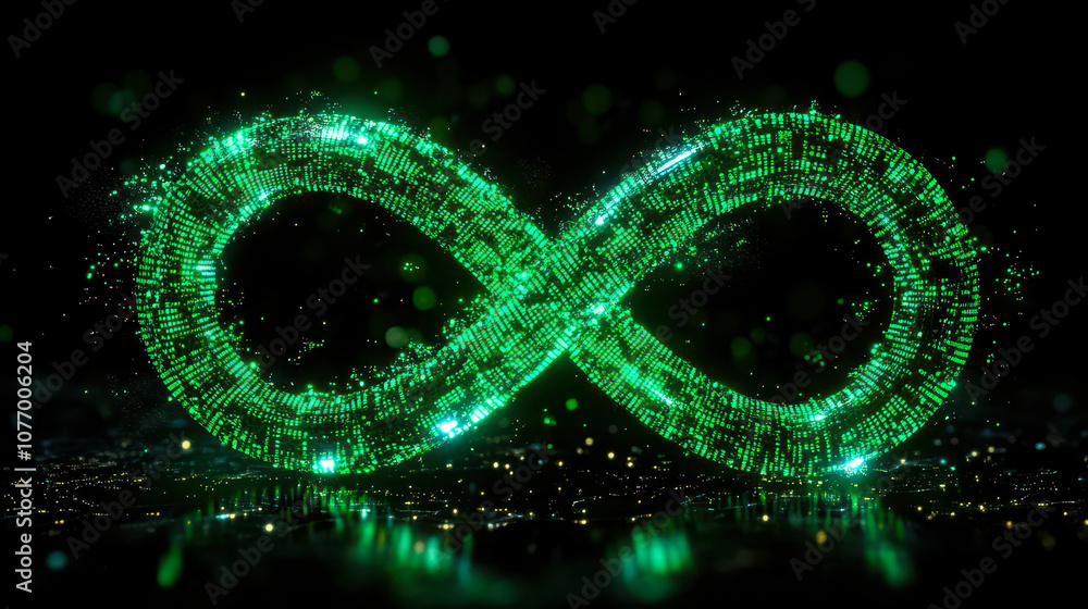 Poster glowing green infinity symbol composed of binary code on black background