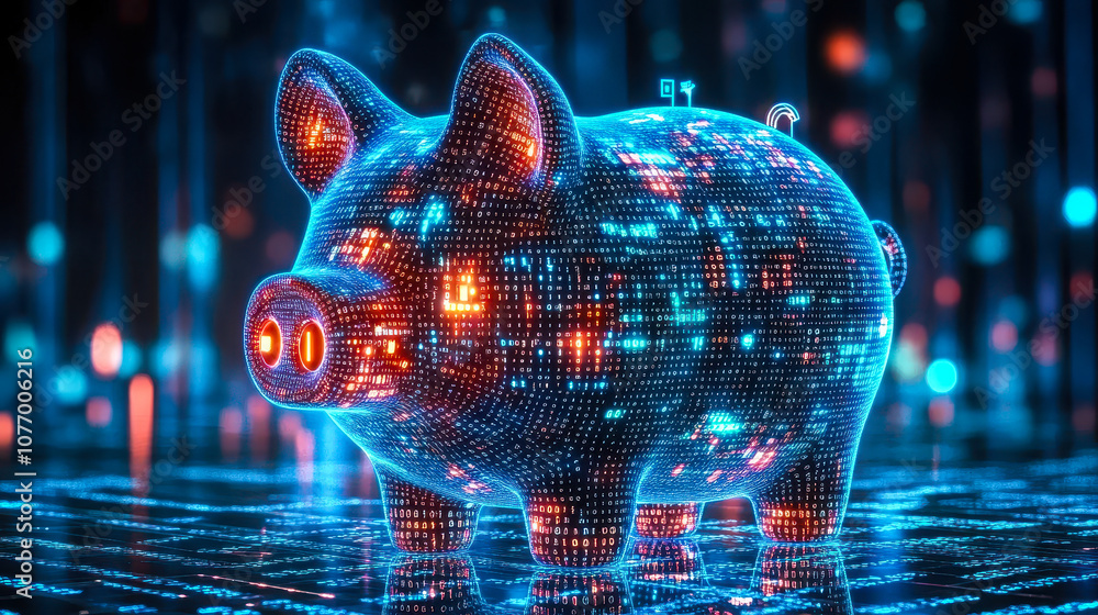 Poster digital piggy bank with binary code for ai-driven financial management and savings strategies