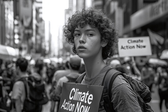 A protester walking down a busy street with a "Climate Action Now" banner at a demonstration.