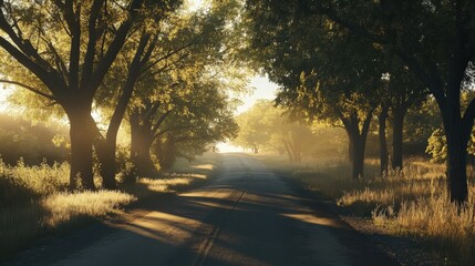 A photographer captures the essence of a quiet country road at sunrise, with soft light filtering through trees