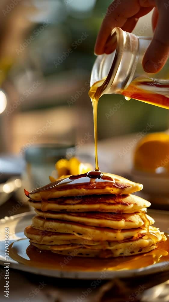 Poster chef pours maple syrup from a glass jar onto a stack of golden brown pancakes, creating a delicious 