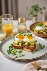 Stylish breakfast with poached eggs, avocado toast, microgreens, and orange juice on a white table.