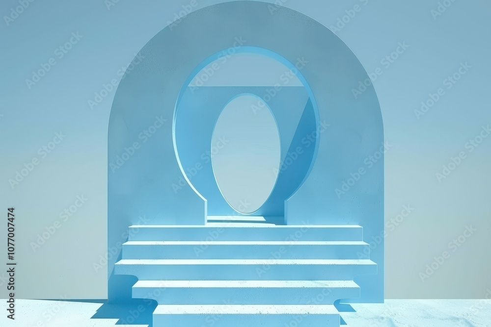 Poster a serene, blue architectural structure featuring arches and steps, creating an inviting portal effec