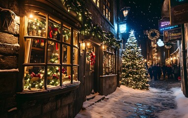 Obraz premium christmas decorations in a wizard magic world with snow, christmas trees and yellow bokeh lights in a tight alley
